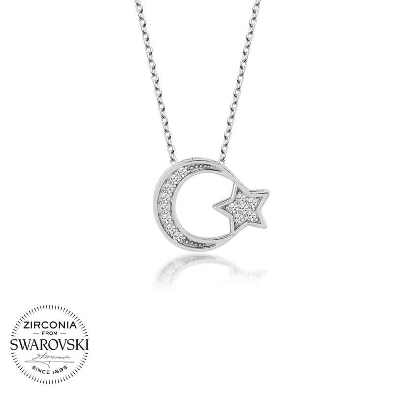 Swarovski%20Taşlı%20Gümüş%20Ayyıldız%20Bayan%20Kolye