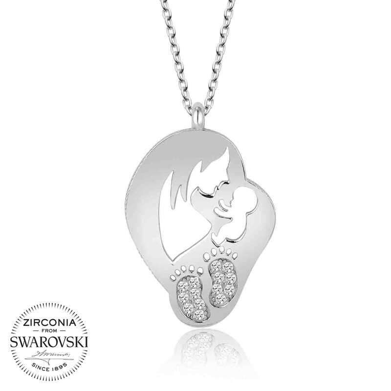 Swarovski%20Taşlı%20Gümüş%20Anne%20Bebek%20Bayan%20Kolye